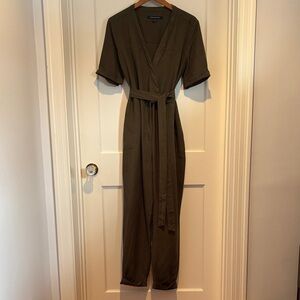 French Connection wrap short sleeve jumpsuit in olive green / forest green